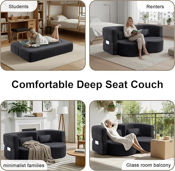 79 Inch Boneless Loveseat Sofa: 2-in-1 Convertible Teddy Velvet Cloud Double Sofa Minimalist Curved Cloud Sofa Bed for Living Room Apartment &amp Small Spaces (Black)