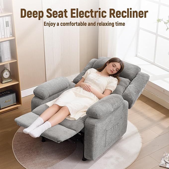 Power Recliner Chair Living Room Chairs for Adults Oversized Electric Recliner with Side Pockets Chenille Fabric Reclining Chair for Living Room Bedroom