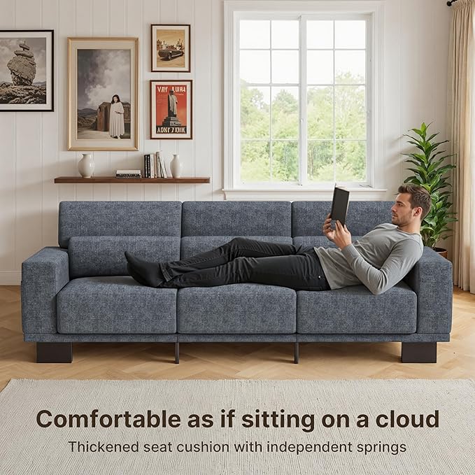 Gizoon 89 Inch Modern Sofa 3-Seater Chenille Couch with Wide Armrests &amp Deep Cushions for Living Room Bedroom and Apartment Dark Grey