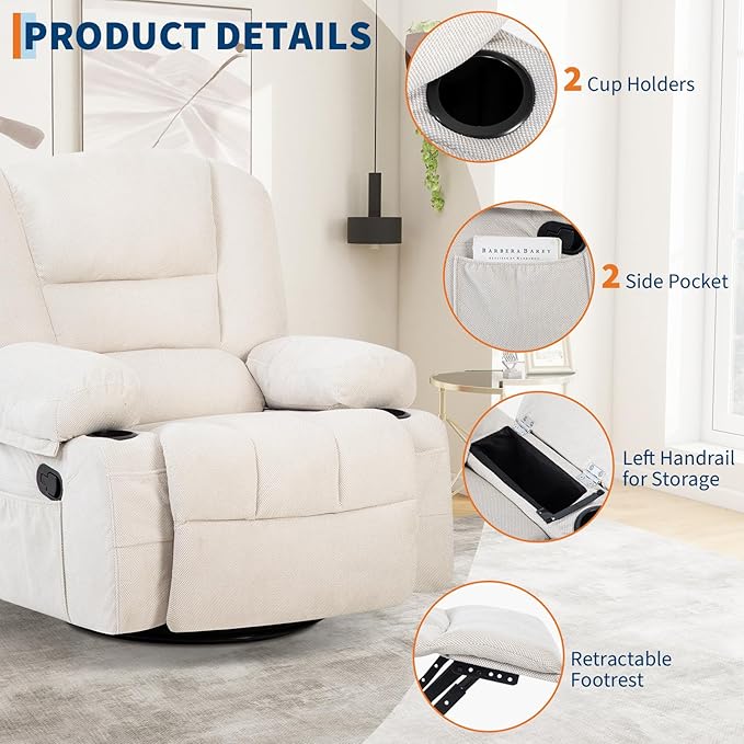 Rocker Recliner Chairs for Adults w/Vibration Massage and Heating360° Swivel Rocker Glider ReclinerExtra Wide Manual Lazy ChairChenille Fabric Sofa Chair for Living RoomBedroomWhite