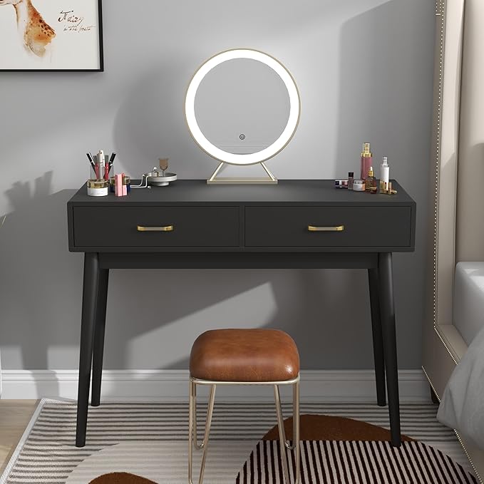 Small Black Desk with 2 Drawers Modern Writing Desk for Small Spaces Home Office Desk for Study Laptop Computer Desk for Work Makeup Vanity Table for Bedroom (Jet Black)