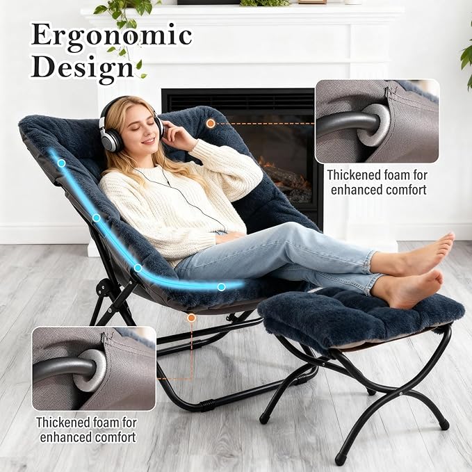 Saucer Chair with Ottoman Comfy Doorm Chairs Oversized Folding Faux Fur Chair Foldable Metal Frame Chair for Bedroom Living Room(Navy Blue)