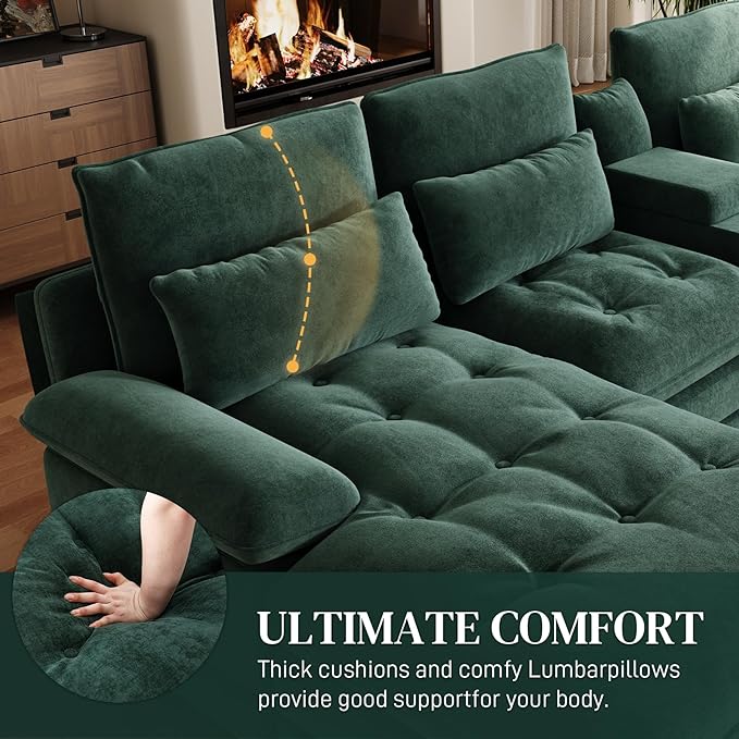 OUYESSIR 134 Oversized Green Sectional Couches for Living RoomFluffy Couch with Chaise Lounge&ampTufted Buttons U Shaped Living Room Sofa Set FurnitureChenille 6 Seater Couch with Storage Console