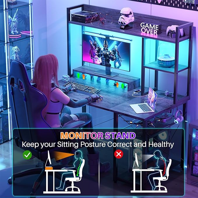 Cyclysio Gaming Desk with Hutch 39'' Computer Desk with LED Lights &amp Power Outlets Home Office Desk with Reversible 5 Tiers Storage Shelves &amp Monitor Stand Small Gaming Table for Small Spac