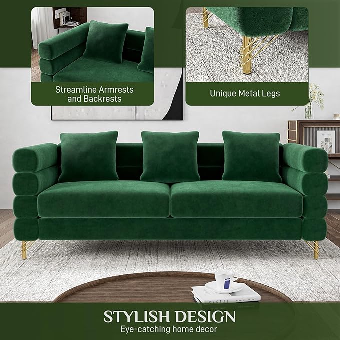 Cloud Couch for Living Room 79 Modern Overstuffed Deep Seat Velvet 3 Seater Sofa with 3 Pillows Comfy Upholstered Oversized Loveseat for Bedroom Office Emerald Green Velvet