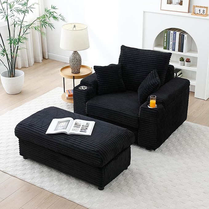 43.3”W Oversized Accent Chair with Ottoman &amp Storage Modern Corduroy Reading Chair with Cup Holder &amp Pillow Comfy Upholstered Deep Seat Armchair for Living Room Bedroom (Black)