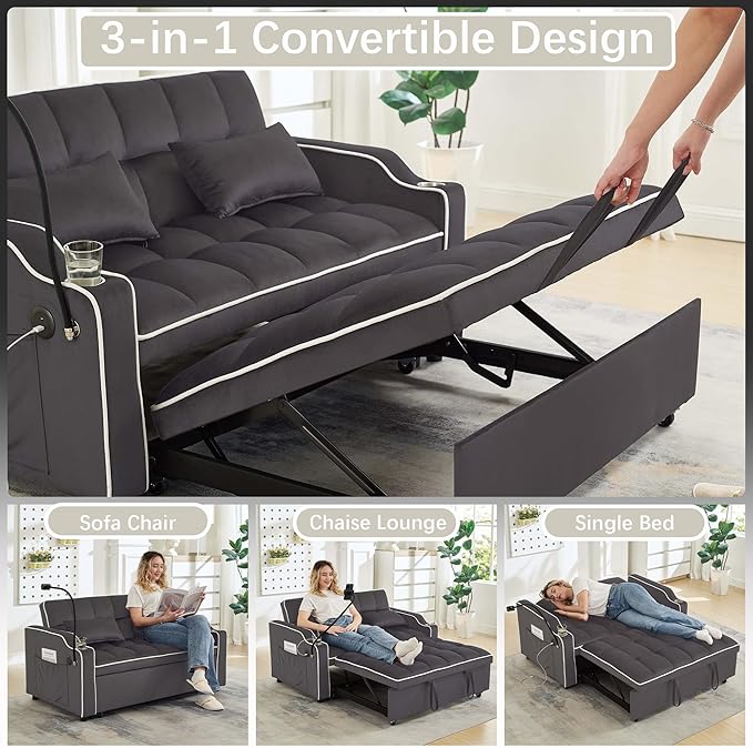 Loveseat Sofa Bed with USB Ports Phone Holder &amp Cup Holders | Convertible Futon Couch for Small Spaces Pull-Out Sleeper Sofa for Living Room &amp Apartments (Grey)