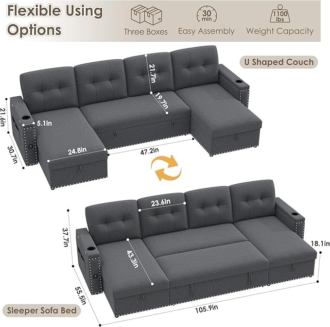 HIFIT 106 Sectional Couches for Living Room- Pull Out Sleeper Sofa Couch w/Storage ChaiseStorage ArmrestLED Light&ampUSB Port&ampCupholder Modern Linen U Shaped Home Sofa Living Room Furniture S