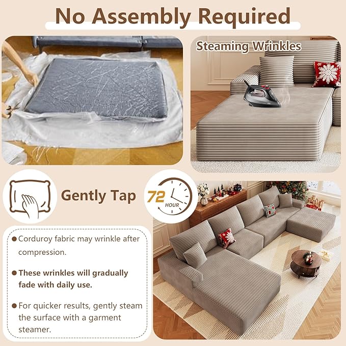 136 Boneless Cloud Couch with OttomanMoudular Sectional Sofa with Deep SeatModern Minimalist Sofas with 4 SeaterCorduroy U Shaped Couches for Living RoomNo Assembly(CamelLeft Facing Chaise)