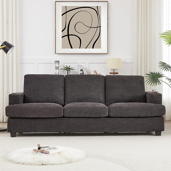HOSTACK 89 Sofa Comfy Sofa Couch with Extra Deep Seats Modern 3 Seater Sofa with USB Charging Ports &amp 2 Cup Holders Chenille Upholstered Sofa for Apartment Living Room Office Dark Grey