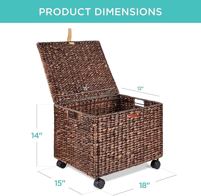 Best Choice Products Handwoven Water Hyacinth Rolling Filing Cabinet Mobile File Organizer for Hanging Folders W/Lid and Locking Wheels For Home or Office – Brown