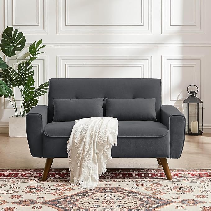 48 Loveseat Sofa 2 Seater Love Seat Mid Century Modern Small Couches for Living Room Bedroom Apartment 2 Throw Pillows and Plastic Legs Dark Grey