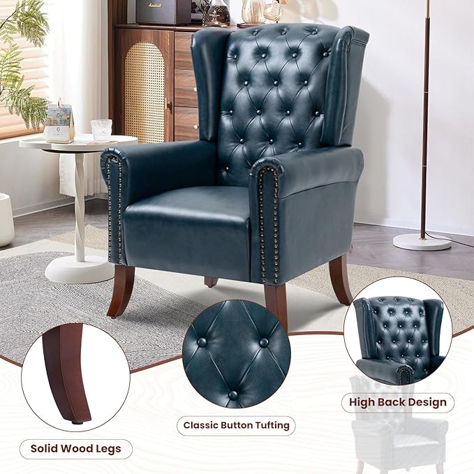 Faux Leather Accent Chair Mid-Century Armchair Upholstered Club Sofa Chair with Wooden Legs High Back Living Room Chair for Bedroom Office Lounge (Blue)