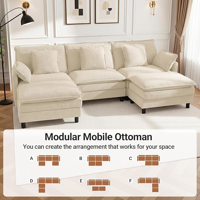 110 U-Shaped Modular Sectional Couch Modern Cloud Couch with Ottoman 5-Seat Chenille Sofa with Pillows Deep Seat Comfy Couch for Living Room Bedroom Beige