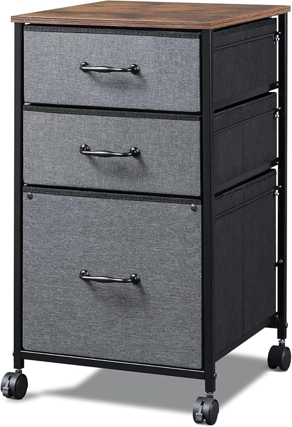 DEVAISE Mobile File Cabinet Rolling Printer Stand with 3 Drawers Fabric Vertical Filing Cabinet fits A4 or Letter Size for Home Office Rustic Brown