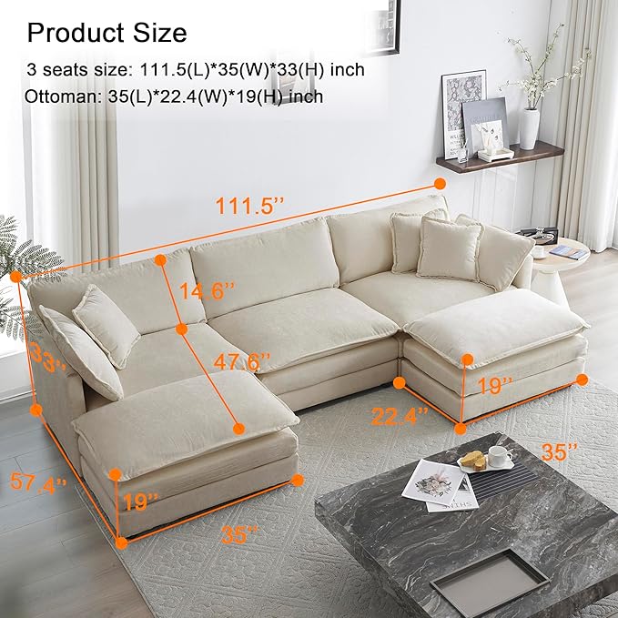 Modular Sectional Sofa 111.5 U Shaped Sectional Couch 5 Seater Comfy Cloud with Movable Ottoman for Living RoomBeige