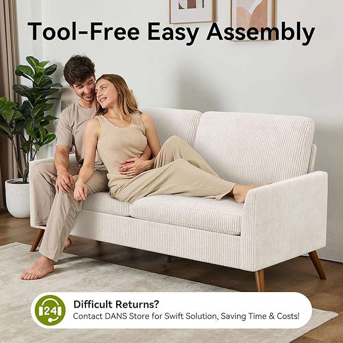 68 Loveseat Sofa Comfy White Corduroy Couches for Living Room Mid Century Modern Love Seat Sofa Tool-Free Setup Small Couches for Bedroom Office