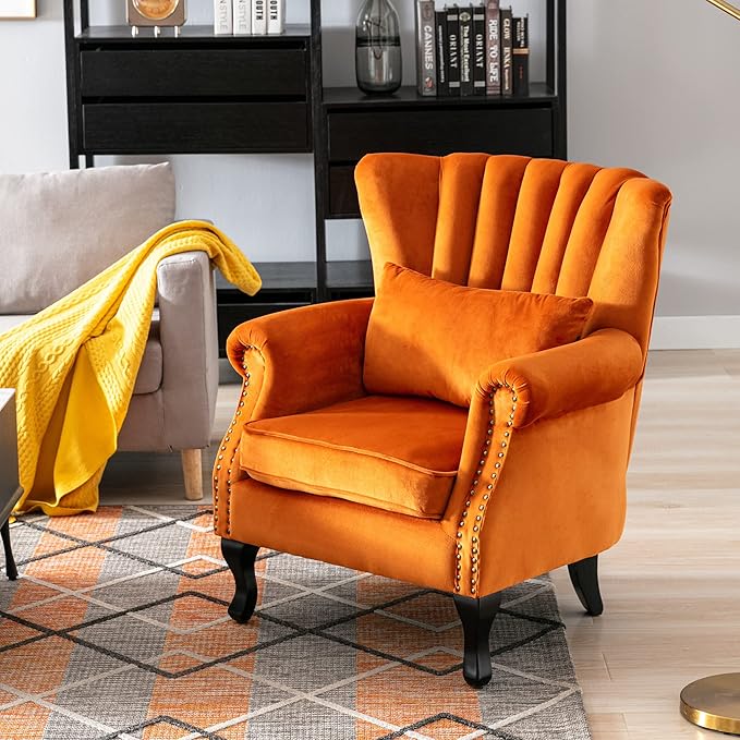 chairus Mid-Century Modern Accent Chairs Set of 2 Comfy Sofa Chairs Channel Back Armchairs with Small Pillow for Living Roon Bedroom Club - Velvet Orange