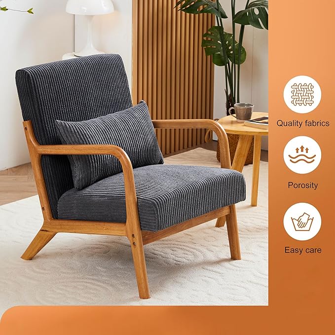 Mid-Century Accent Chair Upholstered Fabric Living Room Chair with Solid Wood Frame Modern Small Side Arm Chairs Comfy Wingback Reading Chair for Bedroom Office (Dark Grey A)
