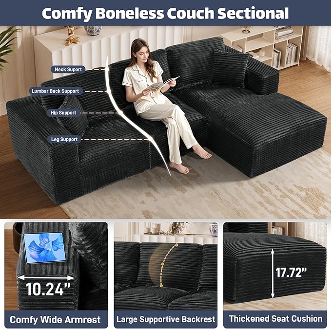 108 L-Shaped Boneless Cloud Sectional Couches Comfy Corduroy Fluffy Modular Sectional Sofa with Ottoman Deep Seat Memory Foam Plush Couch for Living Room Small Spaces Black