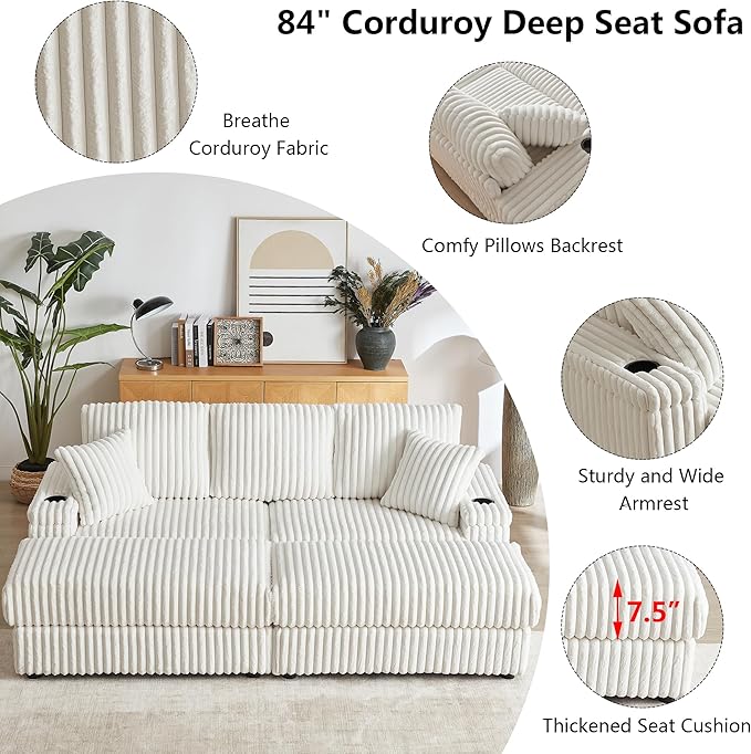 Aoowow 84 Corduroy Oversized 3-seater sofa with 2 Ottomans Modular Sectional Deep Seat Sofa with Back and Toss Pillows Modern Comfy Sofa with 2 Storage Spaces and Cup Grooves for Living Room Beige