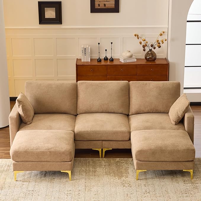 VINGLI 100 W U Shaped Couch with Ottoman 22 Deep Seat Comfortable Sectional Couches for Living Room 3 Seater Chenille Fabric Cloud Sofa for Apartment Small Spaces Bedroom Khaki