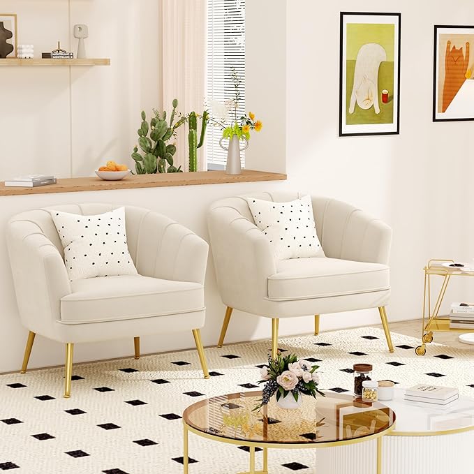 Velvet Accent Chairs for Living Room Bedroom Office Leisure Upholstered Single Sofa Chair Arm Chair Comfy Chair Reading Club Coffee Chair with Metal Legs Beige
