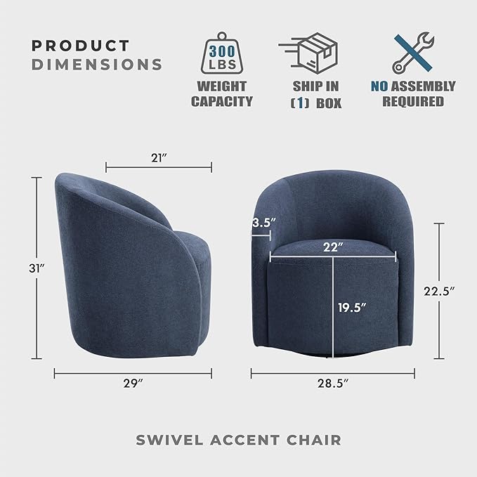 Lexicon 360 Degree Swivel Accent Chair Boucle Fabric Arm Chair with Metal Swivel Base and Sloped Arms for Living Room/Bedroom/Office Blue