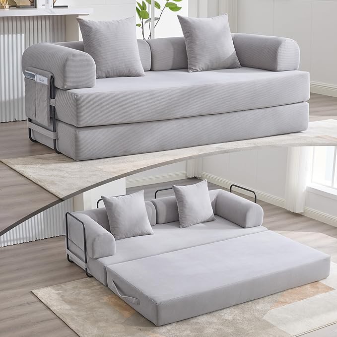 Convertible Sleeper Sofa Bed with Fixed-Shape Frame Floor Sofa Lounge Couch with Cylindrical Pillow Corduroy Folding Mattress Couch for Living Room Bedroom Light Grey