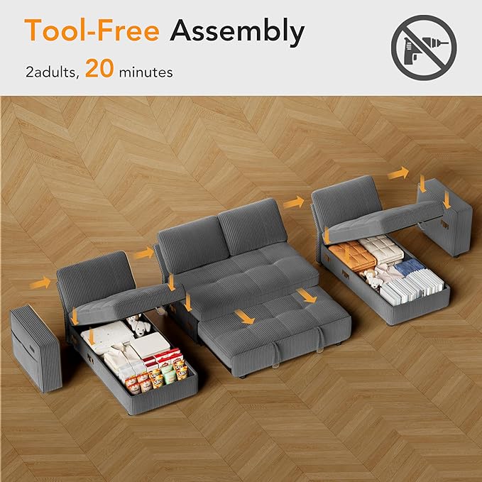 WEUP 105 Sectional Sofa with Pull Out Bed U Shaped 4 Seat Sleeper Sofa with 2 Storage Adjustable Backrest USB Ports Tool-Free Assembly Plush Corduroy Sectional Couches for Living Room Dark Grey