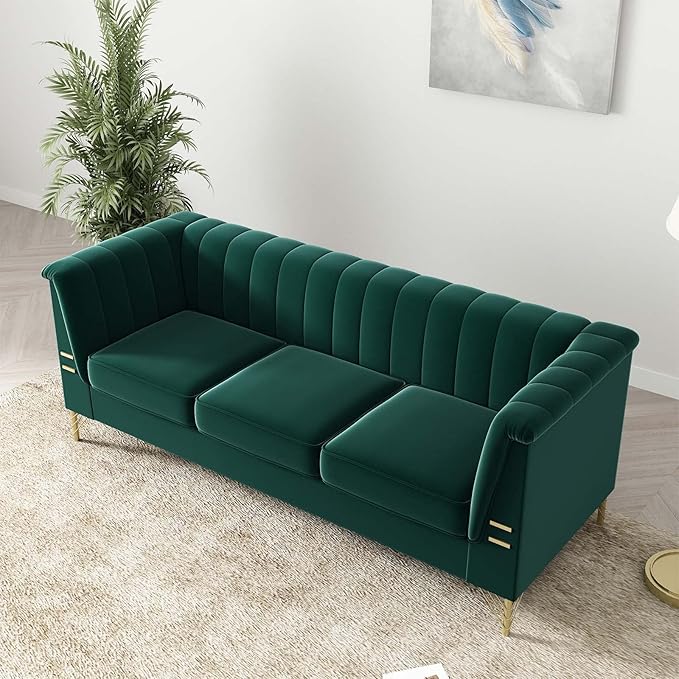 Tomkate Emerald Green Velvet Couch Sofa 83 Mid-Century Modern Tufted Chesterfield Sofa with Flared Arms and Removable Cushions Comfy 3 Seater Couch with Gold Metal Legs for Living Room (Green)
