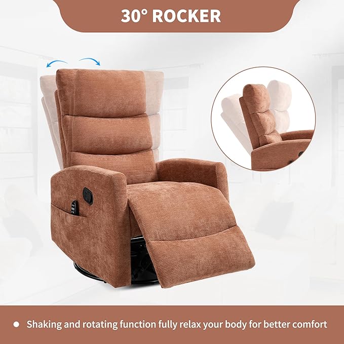PELUMY 360° Swivel Rocker Recliner with Heat &amp Vibration Massage Glider Rocking Chair for Adults Compact Recliner for Living Room Small Spaces Nursery Bedroom (Chenille Orange)
