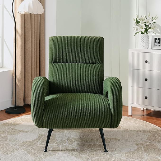 Modern Accent Chair Reading Chair with Corduroy Fabric Upholstered and Hight Backrest Single Sofa Chairs for Living Room Apartment Bedroom and Small Spaces. (Green)