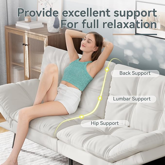 Vyfipt Convertible Futon Sofa Bed White Faux Leather Futon Couch with Adjustable Backrest &amp Armrests Folding Small Recliner Sleeper Sofa Bed for Living Room Apartment Office