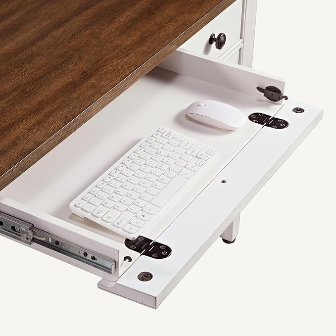 EUREKA ERGONOMIC Farmhouse Writing Desk 55 Executive Office Desk with 3 DrawersKeyboard TrayMid-Century Modern Computer Desk w Solid Wood LegsBirch FinishAntique White