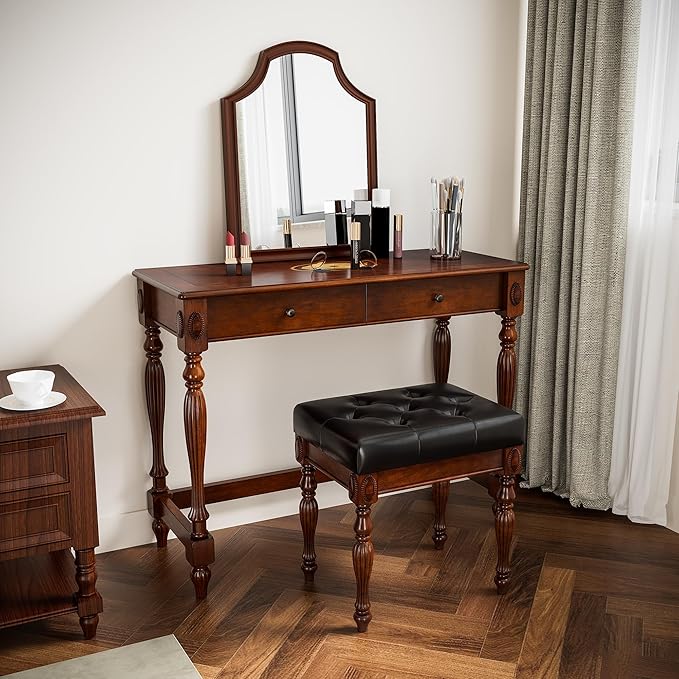 Solid Wood Computer Writing Desk with 2 Big Drawers 39.4 Wide Home Office Desk Workstation Small Rustic Study Table Furniture in Cherry for Home Office Bedroom Living Room SSZ-1533WD