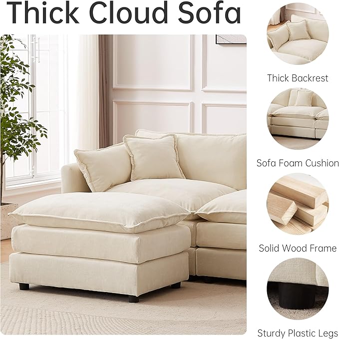 Modular Sectional Sofa 112.2 Inch Rectangle Shaped Couch Set with Armrests 3-Seater Comfy Cloud Couches for Living Room Apartment Beige