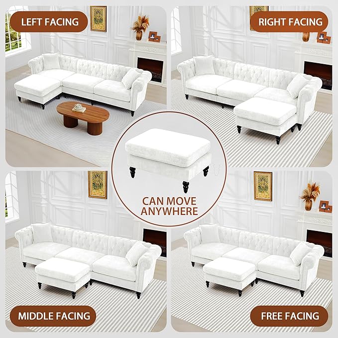 LEVNARY 108” L-Shaped Chesterfield Sectional Couch with Movable Ottoman 4-Seat Couch with Rolled Arms Upholstered in Linen-Like Fabric Mid-Century Tufted Corner Sofa for Living Room Office (White)