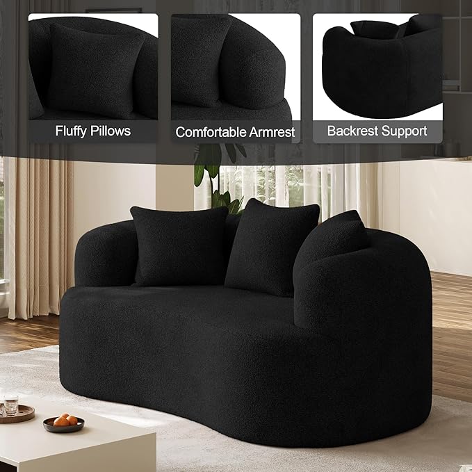 68.5 Loveseat Sofa for Living Room Modern Luxury Plush Chenille Extra Deep Seat Curved Cloud Floor Couch with 3 Throw Pillows for Small Spaces No Assembly Needed Black