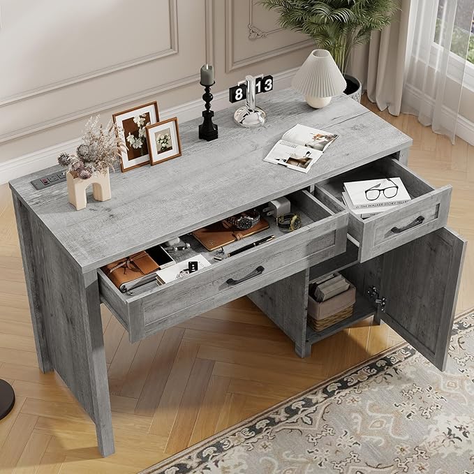 Farmhouse 47 Executive Desk Computer Desk with Drawers and Storage Cabinet Workstation for Home Office and Study.(Grey)