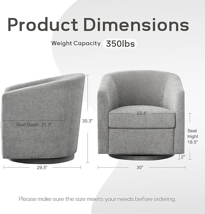 Chenille Swivel Accent Chair Living Room Chairs No Assembly Upholstered Armchair 360°Rotating Barrel Chair for Bedroom Apartment &amp Reading Nook (1 Light Grey)