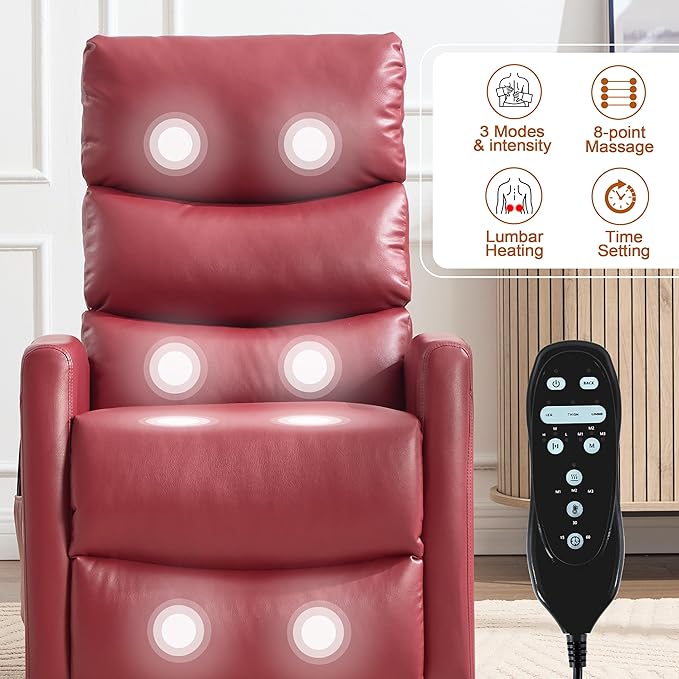 Luxlen Manual Swivel Rocker Recliner Chair with Massage Overstuffed Recliner Glider with Vibration Massage and Heat for Nursery Living Room Reclining Sofa Chair PU Leather Red