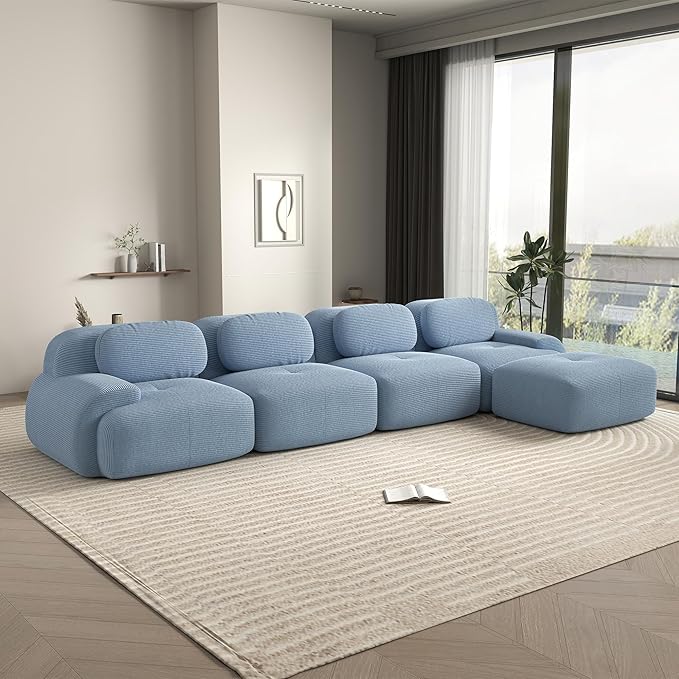 152.7 Inch L-Shaped Modular Sectional Sofa 4-Seater Cloud Couch with Deep Seat Boneless Couch with Pillows for Living Room Apartment Blue
