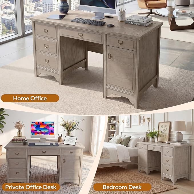 Chogori 55 Solid Wood Executive Desk Farmhouse Office Computer Desk with 5 Drawers &amp Storage Cabinet Wooden Writing Table for Home Office Study Bedroom (Gray)