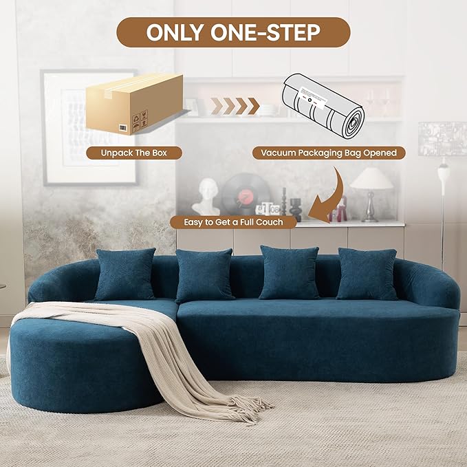 Boneless L Shaped Sofa Couch Oversized Sectional Curved Cloud Sofa with Chaise Lounge Chenille 4 Seats Deep Seat Couches for Living Room No Assembly Blue