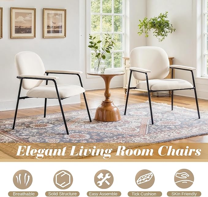 Accent Chair Set of 2 Velvet Upholstered Armchair Reading Side Chair Comfy Living Room Chair with Black Metal Legs for Bedroom Waiting Room Beige