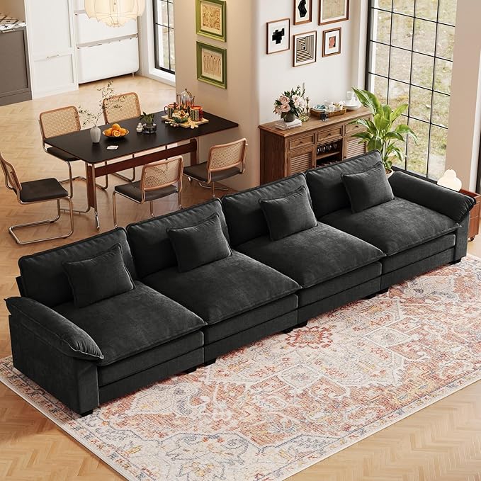 CDCASA 154 Modular Sectional Sofa Comfy Cloud Couch Oversized 4-Seater Chenille Deep Seat Sofa Bed for Living Room DIY Combination Black