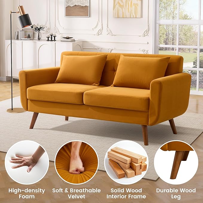 Tbfit 65 W Loveseat Sofa Velvet Mid Century Modern Love Seat Couches for Living Room Button Tufted Upholstered Small Couch for Bedroom Solid and Easy to Install Love Seats Furniture Yellow
