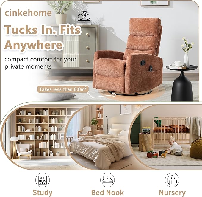 cinkehome Small Swivel Rocker Recliner Chair with Heated Massage Upholstered Nursery Glider Recliner Chair High Back Side Pocket (Orange Chenille Fabric)