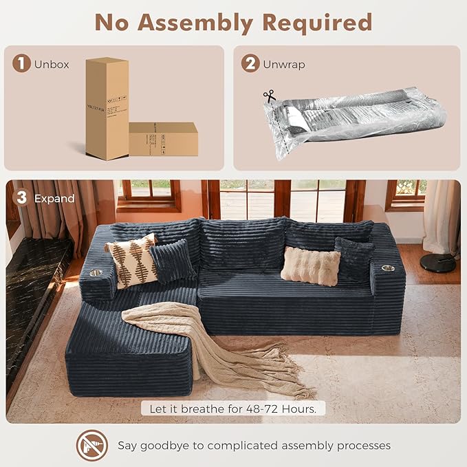 ELUCHANG Oversized 108” Boneless Couch Comfy Cloud Modular Sectional Sofa L-Shape Sofa with Chaise Memory Foam Upholstered Couch for Living Room Bedroom No Assembly Required Corduroy Blue